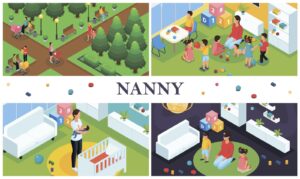 Kolaż czterech grafik przedstawiający nianię w pracy