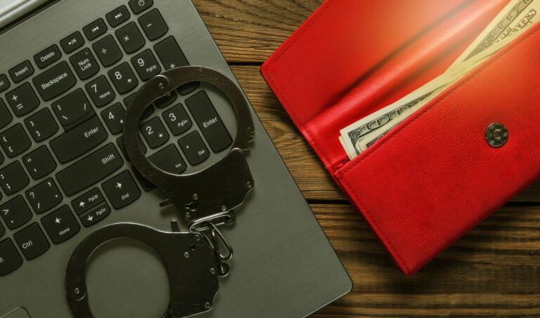 laptop, portfel z pieniędzmi i kajdanki