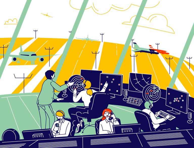 Grafika prezentująca kontrolerów ruchu lotniczego w pracy