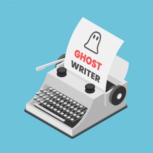 Maszyna do pisania i kartka z napisem "ghost writer"